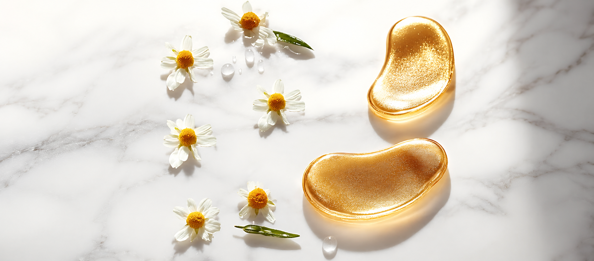 Gold hydrogel under-eye patches with chamomile flowers on a white marble surface, representing luxury skincare, eye care, beauty, and wellness.
